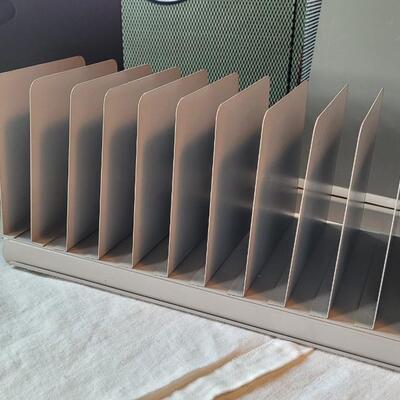 Lot 11: (2) Desktop Metal File Organizers, Black Filing Crate and Black Plastic File Folder