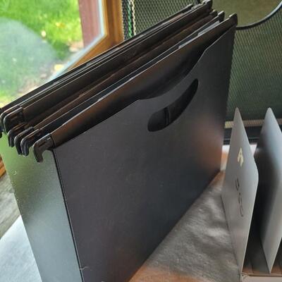 Lot 11: (2) Desktop Metal File Organizers, Black Filing Crate and Black Plastic File Folder