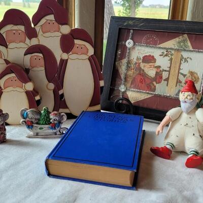 Lot 23: 1930's Dicken's Christmas Stories, Santa Pin Cushion, Wood Santa's, 1980's Mouse Ornaments And Framed...