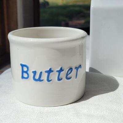 Lot 41: Vintage White & Blue Butter Cups and White Ceramic Milk Carton