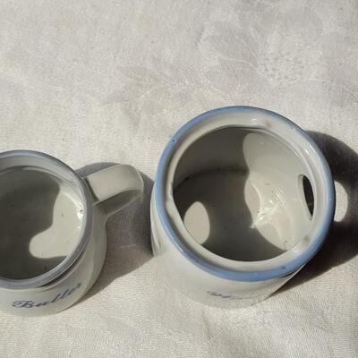 Lot 41: Vintage White & Blue Butter Cups and White Ceramic Milk Carton