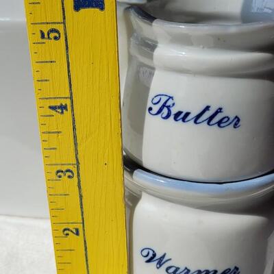 Lot 41: Vintage White & Blue Butter Cups and White Ceramic Milk Carton