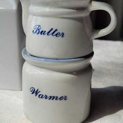 Lot 41: Vintage White & Blue Butter Cups and White Ceramic Milk Carton