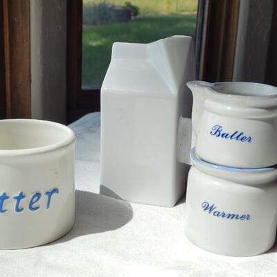 Lot 41: Vintage White & Blue Butter Cups and White Ceramic Milk Carton