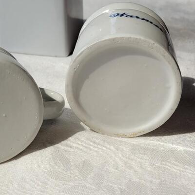 Lot 41: Vintage White & Blue Butter Cups and White Ceramic Milk Carton
