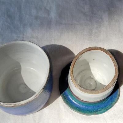 Lot 43: (2) Blue & Tan Ceramic Vessels 
