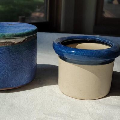 Lot 43: (2) Blue & Tan Ceramic Vessels 