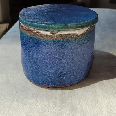 Lot 43: (2) Blue & Tan Ceramic Vessels 