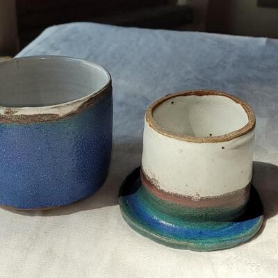 Lot 43: (2) Blue & Tan Ceramic Vessels 