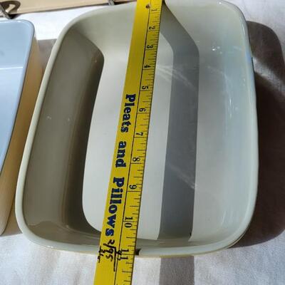 Lot 50: (3) Casserole Dishes Tan, Light Blue and Yellow