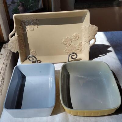 Lot 50: (3) Casserole Dishes Tan, Light Blue and Yellow