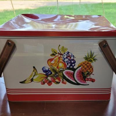 Lot 74: Vintage Metal Picnic Basket with Wood Handles