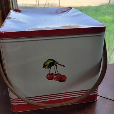 Lot 74: Vintage Metal Picnic Basket with Wood Handles