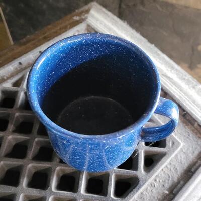 Lot 75: Vintage Enamel Robin's Egg Blue Speckled Coffee Pot and Blue Speckled Coffee Cup