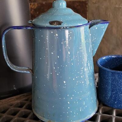 Lot 75: Vintage Enamel Robin's Egg Blue Speckled Coffee Pot and Blue Speckled Coffee Cup