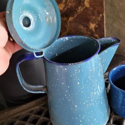 Lot 75: Vintage Enamel Robin's Egg Blue Speckled Coffee Pot and Blue Speckled Coffee Cup