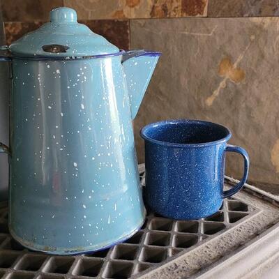 Lot 75: Vintage Enamel Robin's Egg Blue Speckled Coffee Pot and Blue Speckled Coffee Cup