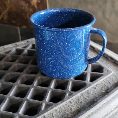 Lot 75: Vintage Enamel Robin's Egg Blue Speckled Coffee Pot and Blue Speckled Coffee Cup
