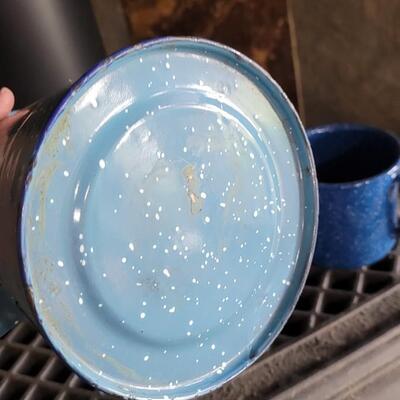 Lot 75: Vintage Enamel Robin's Egg Blue Speckled Coffee Pot and Blue Speckled Coffee Cup