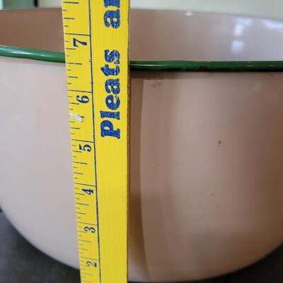 Lot 78: Vintage Ivory with Green Rim Enamelware and Green Wood Handle 