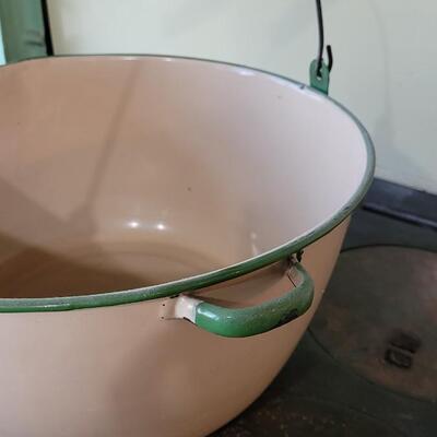 Lot 78: Vintage Ivory with Green Rim Enamelware and Green Wood Handle 