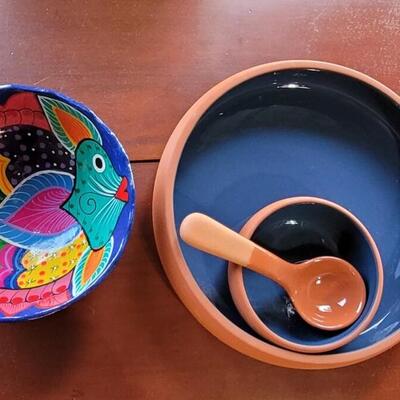 Lot 97: Terracotta Chip & Dip Dish and unmarked Handpainted Mexican Pottery 