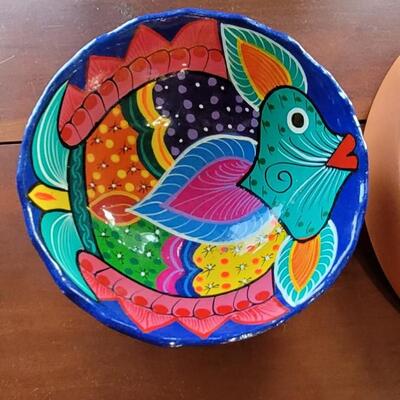 Lot 97: Terracotta Chip & Dip Dish and unmarked Handpainted Mexican Pottery 
