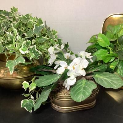 B - 105. Three Brass Decorative Containers with Faux Plants 