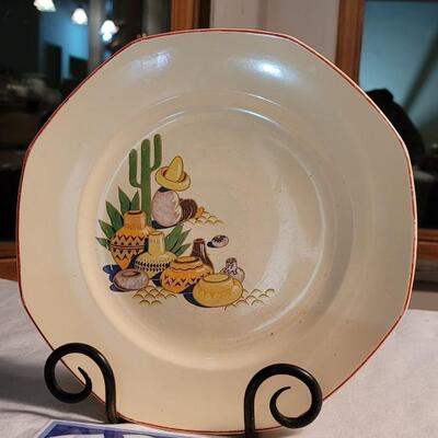 Lot 113: Mixed Antique/Vintage Southwest Plates, Trivet Tiles and Cactus Vase