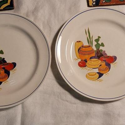 Lot 113: Mixed Antique/Vintage Southwest Plates, Trivet Tiles and Cactus Vase