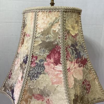 C - 113. Cranberry Glass / Brass Candlestick Lamp with Floral Fabric Shade 