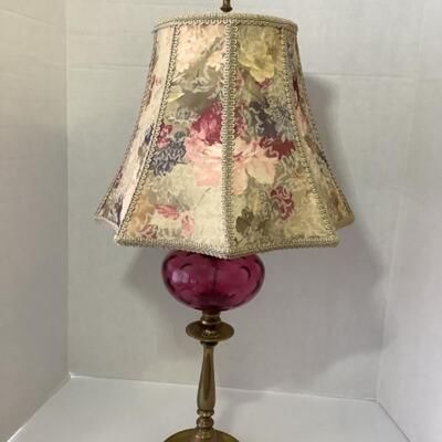 C - 113. Cranberry Glass / Brass Candlestick Lamp with Floral Fabric Shade 