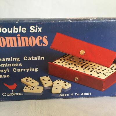 Cardinal Double Six Catalin Dominoes W/Red Vinyl Carry Case - NEW 