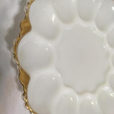 Vintage Fire King Milk Glass Gold Edged Oyster / Deviled Egg Plate