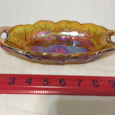 Vintage Carnival Glass Marigold/Sunflower Orange Oval With Handles Candy Dish