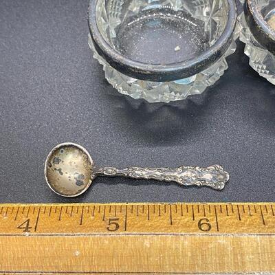 Vintage Antique Salt Cellar Set Sterling Silver Edge & Spoons