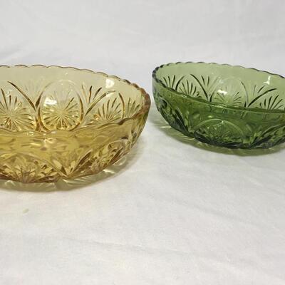 Vintage Indiana Glass Co- Sunburst Bowl Set of 2- MCM Green & Amber Glass 8 Inch