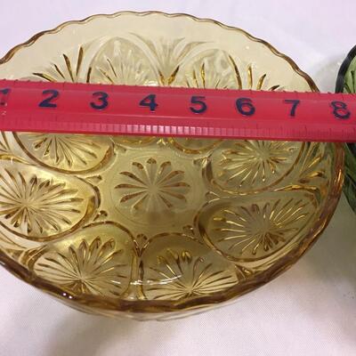 Vintage Indiana Glass Co- Sunburst Bowl Set of 2- MCM Green & Amber Glass 8 Inch