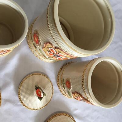 Vintage Ceramic Canisters Woven Basket Texture 70s Orange Red