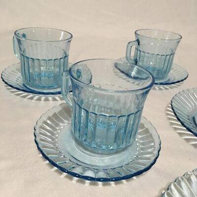 Blue Azure Glass Forte Crisa Mexico Ribbed 3 Cup And Saucer Sets