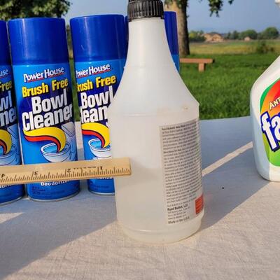 Lot 158: Assorted Cleaning Supplies w/ Black Organizing Crate (Toilet Cleaner NEW)
