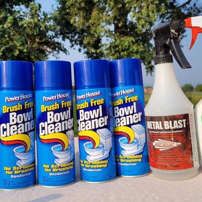 Lot 158: Assorted Cleaning Supplies w/ Black Organizing Crate (Toilet Cleaner NEW)