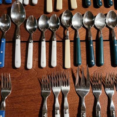 Lot 187: Large Blue, Green, Ivory, White & Clear Blue Plastic Handle Flatware Lot