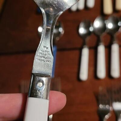 Lot 187: Large Blue, Green, Ivory, White & Clear Blue Plastic Handle Flatware Lot