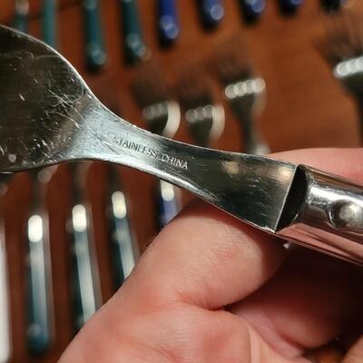 Lot 187: Large Blue, Green, Ivory, White & Clear Blue Plastic Handle Flatware Lot