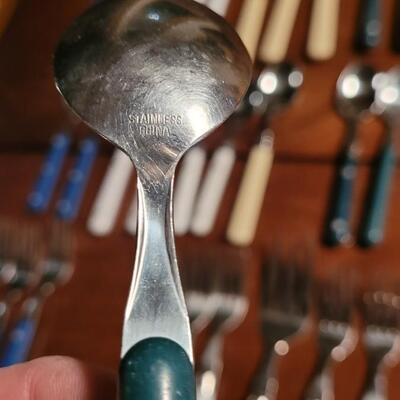 Lot 187: Large Blue, Green, Ivory, White & Clear Blue Plastic Handle Flatware Lot