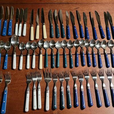 Lot 187: Large Blue, Green, Ivory, White & Clear Blue Plastic Handle Flatware Lot