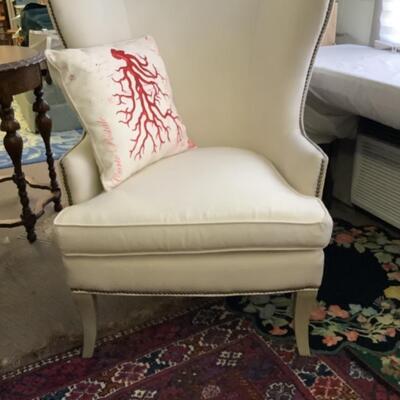 B - 131. Off-White Upholstered,Butterfly Wing  Studded Arm Chair 