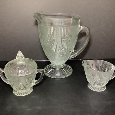 C - 137. Vintage Jeanette Glass - Iris & Herringbone Pitcher & Cream / Sugar Set