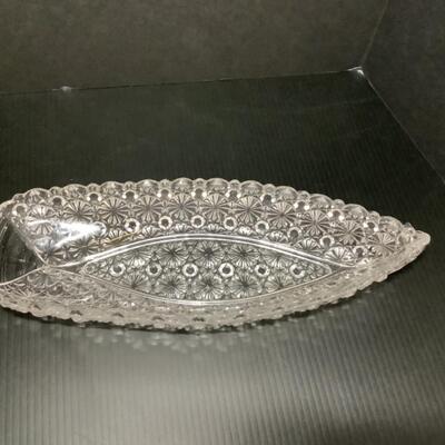C - 139. Pair of Connecticut House Pewter Candle Holders & Boat Shaped Pressed Glass Dish